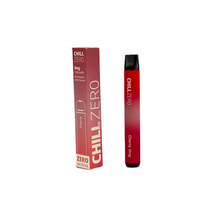 Load image into Gallery viewer, A disposable vape pen and its packaging are displayed. The 0mg Chill Zero Disposable Vape 1500 Puffs is labeled &quot;CHILL ZERO Cherry 0mg&quot; and features a gradient red to black design. The matching packaging indicates the cherry flavor with zero nicotine, offering up to 1500 puffs for a satisfying experience.
