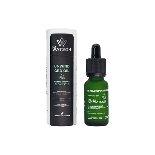 Image of Dr. Watson Unwind CBD Oil packaging. The product features a white cylindrical container with the brand name and product details, alongside a green dropper bottle labeled 