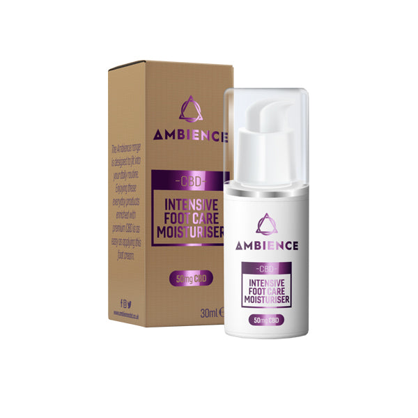 A bottle of Ambience CBD Infused 50mg CBD Foot Care Moisturiser 30ml is displayed next to its brown and purple packaging box. The white pump dispenser and label clearly indicate the 50mg CBD content. Infused with natural hemp extract, this foot and heel care cream from Ambience CBD is perfect for your daily CBD supplement needs. Plus, take advantage of the current offer: buy 1, get 2 free!