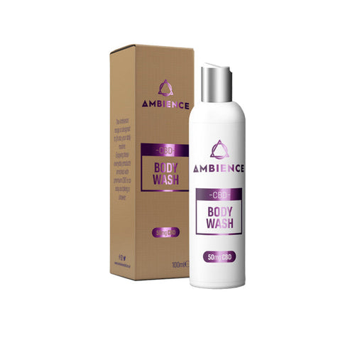 A white bottle of Ambience CBD Infused 50mg CBD Body Wash 100ml (Buy 1 Get 2 Free) with a purple label is positioned next to its brown packaging box. The packaging highlights the premium body wash, showcasing 