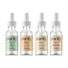 Load image into Gallery viewer, Four small glass dropper bottles of Purity 600mg Full-Spectrum High Potency CBD Olive Oil are lined up. Labels indicate flavors: Mint, Orange Blossom, Turmeric &amp; Ginger, and Natural Taste. Bottles are clear with white caps, each labeled with its unique color. Each bottle contains 600mg cold-pressed CBD for optimal wellness.
