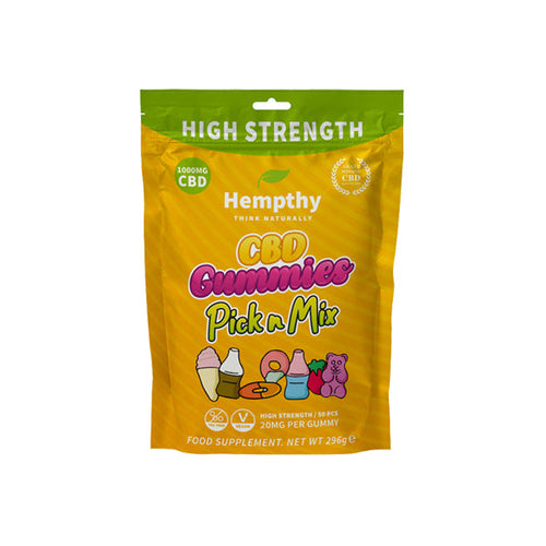 The Hempthy 1000mg CBD Pick n Mix Gummies come in a yellow and green package, featuring images of various gummy shapes and flavors on the front. This THC-free, vegan-friendly package from Hempthy contains 50 pieces, each with 20mg of CBD, weighing a total of 296g.