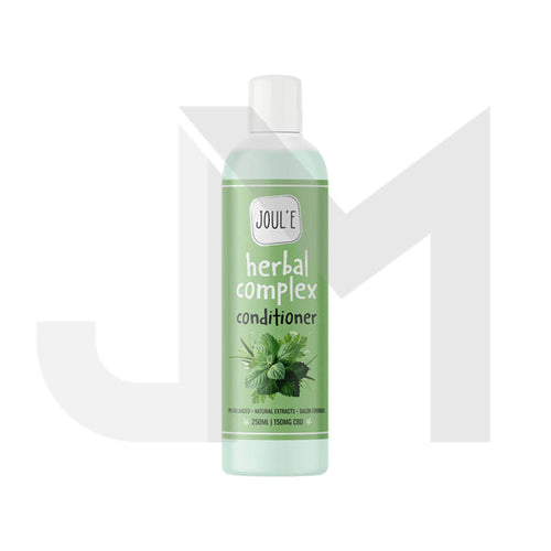 A green bottle of Joul'e 150mg CBD Herbal Complex Conditioner, featuring a label with images of mint leaves. The bottle has a white cap and a white rectangular logo with the brand name 