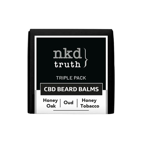 A product image of the NKD 300mg CBD Infused Speciality Beard Balm Gift Set, displayed in sleek black packaging with white text. This luxurious gift set includes three exquisite fragrances: Honey Oak, Oud, and Honey Tobacco.