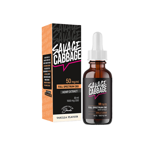 A 30ml brown dropper bottle of Savage Cabbage 1500mg CBD Oil Vanilla stands next to its black and orange packaging. Both the label and the box indicate a vanilla flavor.