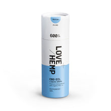 Load image into Gallery viewer, A product by Love Hemp, which is labeled &quot;LOVE HEMP,&quot; comes in a white cylindrical container featuring a blue lower half. The label specifies that it is the Love Hemp 600mg Peppermint CBD Oil - 30ml. This premium hemp extract contains 600 mg of CBD oil drops, boasting a peppermint flavor with 2% CBD, and is formulated with organic MCT oil.
