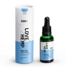 Load image into Gallery viewer, Image of a Love Hemp branded CBD oil product. The packaging includes a tall cylindrical container labeled &quot;Love Hemp 600mg Peppermint CBD Oil - 30ml, Medium&quot; and a smaller dark green dropper bottle with a black cap, also labeled similarly. Both items are positioned against a white background and feature organic MCT oil.
