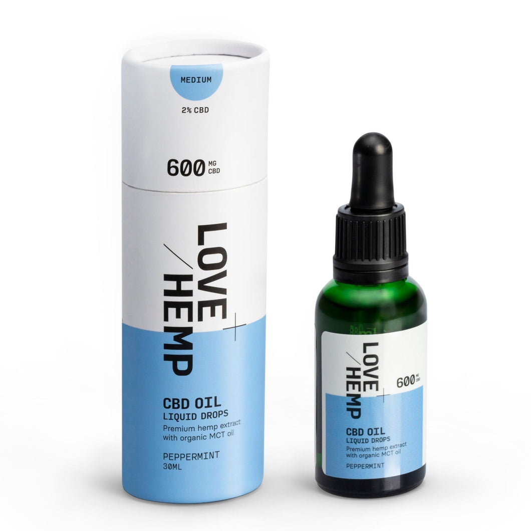 Image of a Love Hemp branded CBD oil product. The packaging includes a tall cylindrical container labeled 