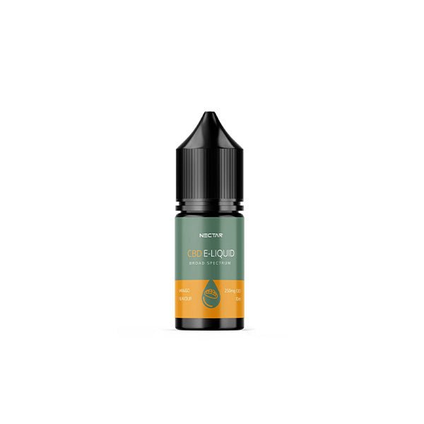 A small bottle of Nectar Mango 2.5% 250mg Broad Spectrum CBD Vape Oil with a black cap. The label on the bottle is green with an orange section at the bottom, displaying 