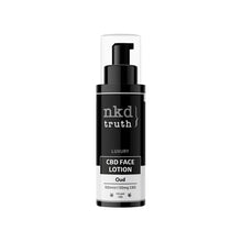 Load image into Gallery viewer, A black bottle of NKD 50mg CBD Face Lotion - 100ml with the label indicating an &quot;Oud&quot; scent. The bottle, featuring a pump dispenser and a sleek, minimalist design, contains natural ingredients to hydrate the skin.
