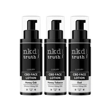 Load image into Gallery viewer, Three sleek, black pump bottles of NKD 50mg CBD Face Lotion - 100ml are displayed side by side. The labels on each bottle read &quot;Honey Oak,&quot; &quot;Honey Tobacco,&quot; and &quot;Oud.&quot; Each bottle contains 50mg of CBD along with natural ingredients to provide optimal skin hydration. The overall design is monochromatic, complemented by clear caps.
