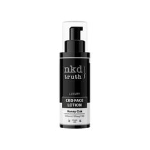 Load image into Gallery viewer, A sleek black and white bottle of NKD 50mg CBD Face Lotion - 100ml, labeled &quot;Luxury Honey Oak.&quot; The bottle features a pump dispenser and contains 100ml of product with 50mg of CBD infused. This luxurious CBD face moisturizer boasts natural ingredients for optimal skin hydration and prominently displays the NKD branding logo on the front.
