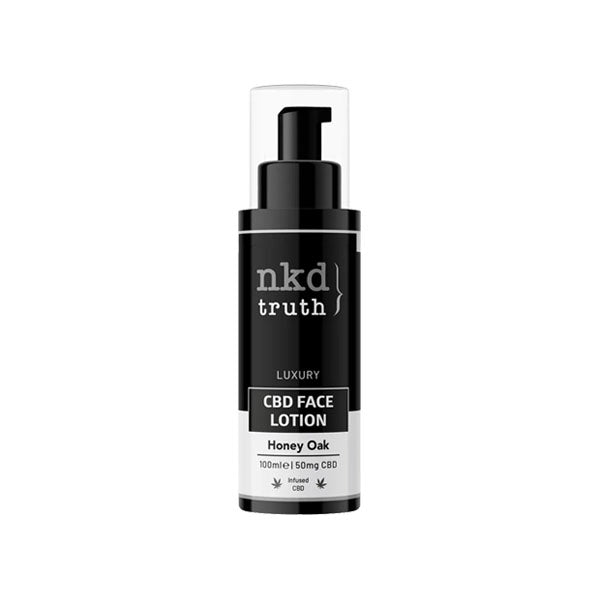 A sleek black and white bottle of NKD 50mg CBD Face Lotion - 100ml, labeled 