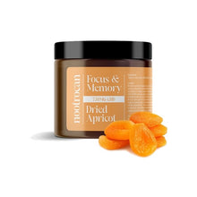 Load image into Gallery viewer, A jar labeled &quot;Nootrocan 750mg Full Spectrum CBD Nootropic Dried Fruits - 300g&quot; sits next to a small pile of nootropic dried apricot pieces. The jar has a black lid and an orange label with white text, clearly marked as vegan-friendly with 750mg full spectrum CBD.
