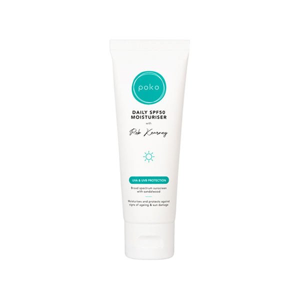 A white tube of Poko CBD Daily SPF50 Moisturiser - 75ml features a turquoise circular logo at the top. Below the logo, it reads 