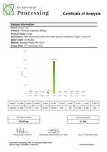 Load image into Gallery viewer, A Certificate of Analysis from Greenleaf Processing for Clintech Ltd&#39;s Provacan 2880mg CBD Oral Capsules - 30 Caps with product code CIB-96 and batch code CIB-096-009. It shows a detailed breakdown of cannabinoid content, including Premium CBD, analyzed by Z. Grant on 17th November 2021.
