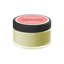 Load image into Gallery viewer, A small jar with a black lid labeled &quot;Sensi CBD&quot; and &quot;Meditation&quot; on a pink background. The jar contains a light greenish-beige substance described as Sensi CBD 100mg deep tissue massage wax, which is natural and vegan-friendly.
