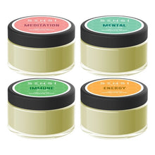 Load image into Gallery viewer, An image showcasing four jars of Sensi brand herbal products, each bearing a different label: &quot;Meditation,&quot; &quot;Mental,&quot; &quot;Immune,&quot; and &quot;Energy.&quot; These natural, vegan-friendly jars feature black lids and colored labels. Imagine pairing them with Sensi CBD 100mg CBD Massage Wax for the ultimate holistic experience.
