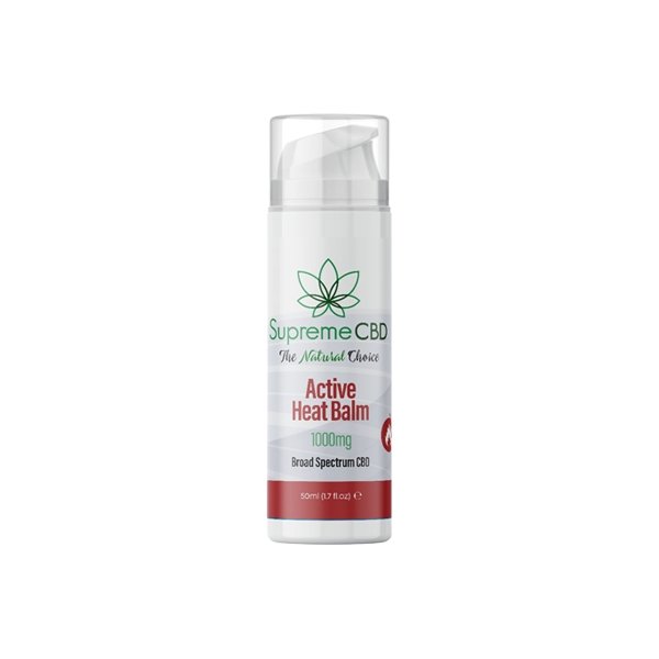 A white bottle of Supreme CBD 1000mg Broad Spectrum CBD Active Heat Balm - 50ml features a green leaf logo and showcases the phrases 